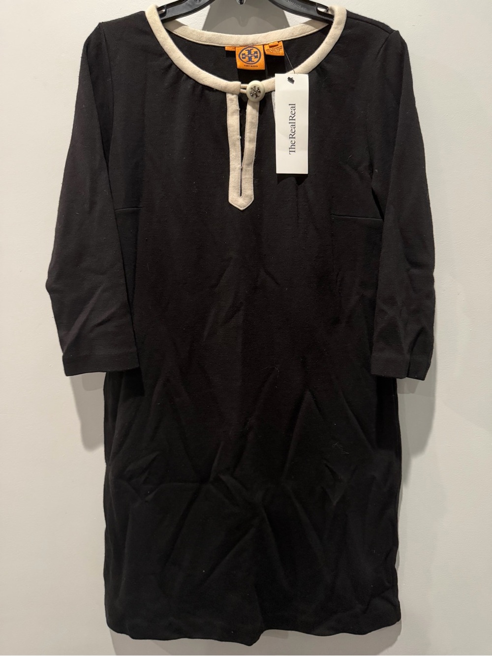 Tory Burch Olympe Black & Ivory Shift Dress Classic Wool Blend 3/4 Sleeve Size M